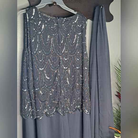 J Kara Women's Plus Size Sleeveless Beaded Pop Over Long Dress with Scarf Sz 16W - Picture 15 of 17